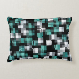 Teal Green Blue Black White Abstract Plaid Decorative Cushion