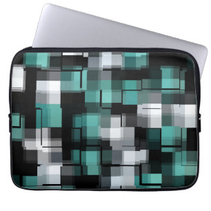 Teal Green Blue Black White Abstract Plaid Laptop Sleeve