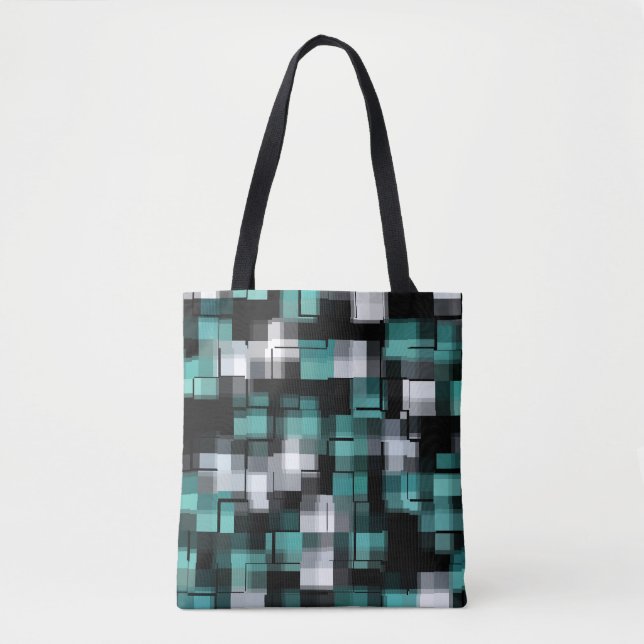 Teal Green Blue Black White Abstract Plaid Tote Bag (Front)