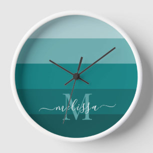 Teal Green Blue Color block Monogram Style Name Clock