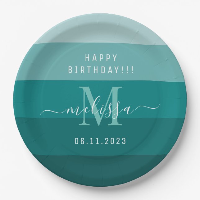 Teal Green Blue Colour Block Monogram Name  Paper Plate (Front)