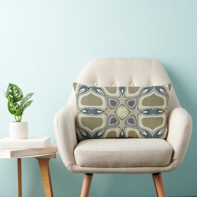 Teal Green Blue Grey Ochre Hip Bohemian Bali Art Lumbar Cushion (Chair)