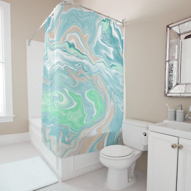 Teal Green Blue Marble Fluid Art   Shower Curtain (In Situ)