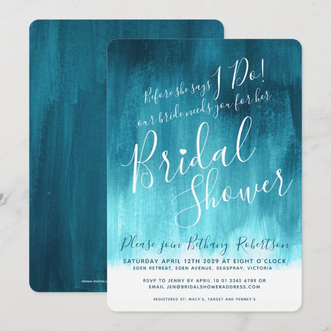 Teal green blue modern art bridal shower invites (Front/Back)