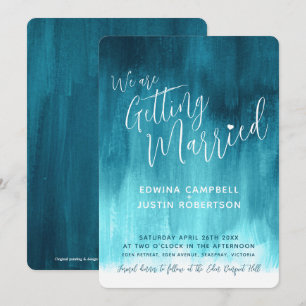 Teal green blue modern art painted wedding invites