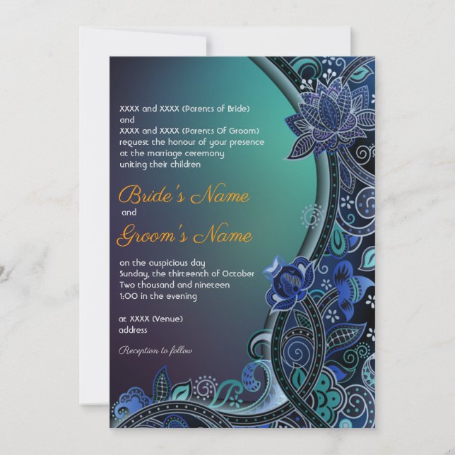 Teal Green Blue Paisley Lotus Luxe Indian Wedding Invitation (Front)