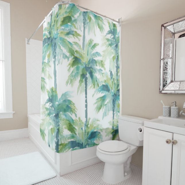 Teal Green Blue Palm Trees Shower Curtain (In Situ)