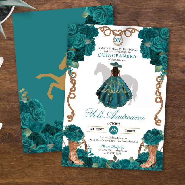 Teal Green Blue Roses Charro Vestidos Quinceanera Invitation (Creator Uploaded)