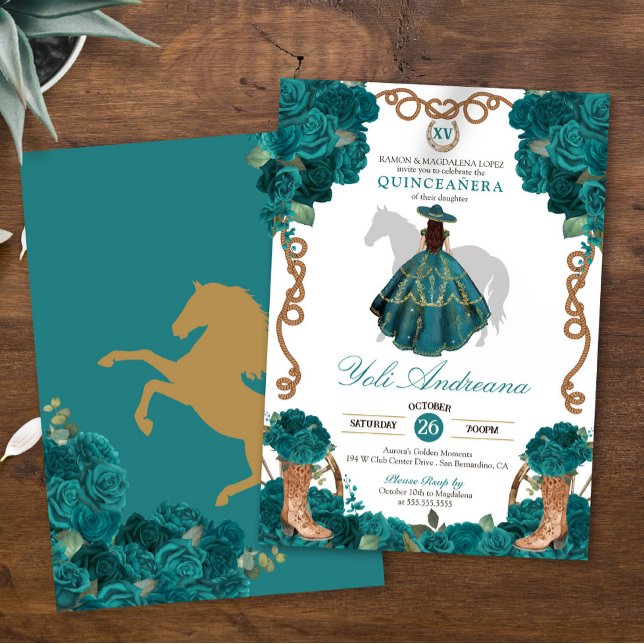 Teal Green Blue Roses Charro Vestidos Quinceañera Invitation (Creator Uploaded)