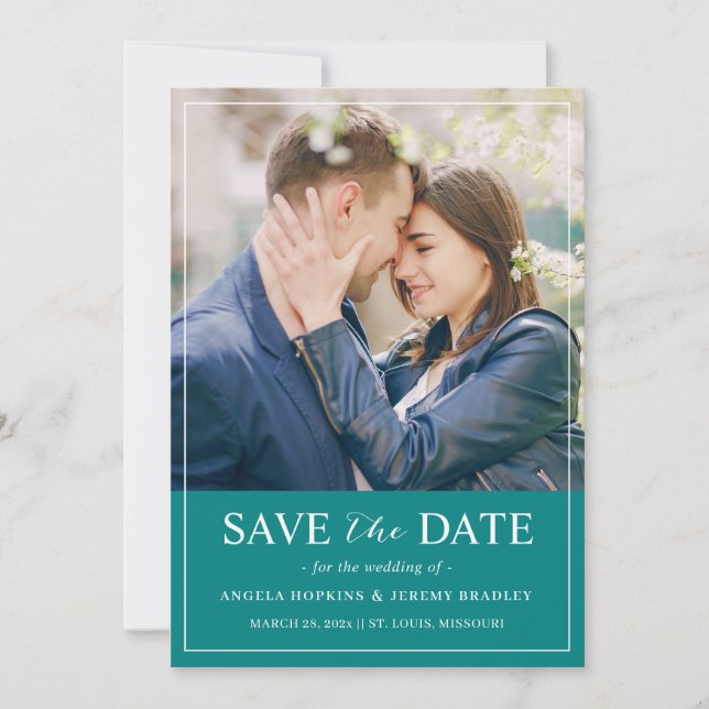 Teal Green Blue Simple Minimalist Photo Save The Date (Front)