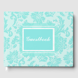 Teal green, blue vintage damask print guestbook