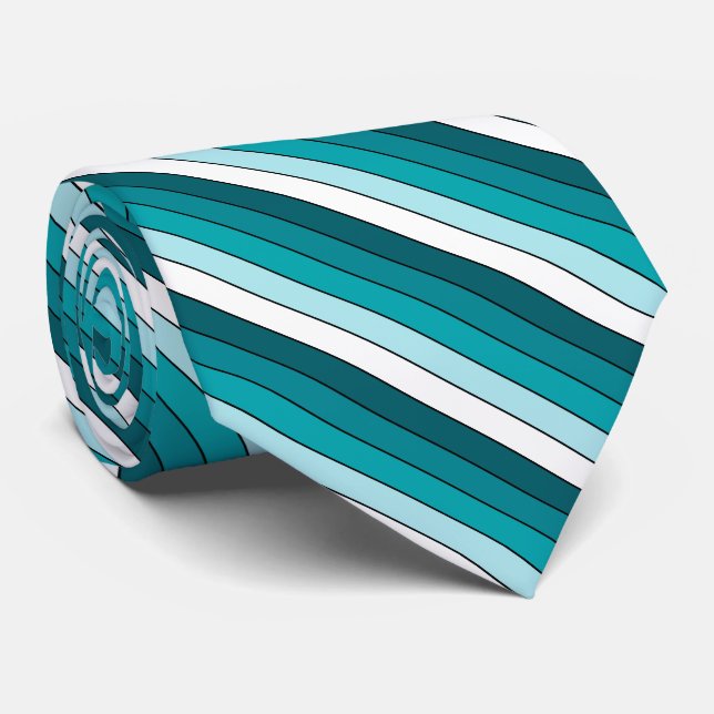 Teal Green Blue White Stripes Tie (Rolled)