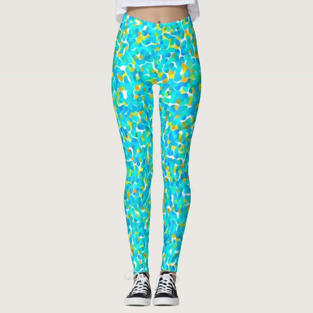 Teal Green Blue Yellow Abstract Pattern Leggings (Front)