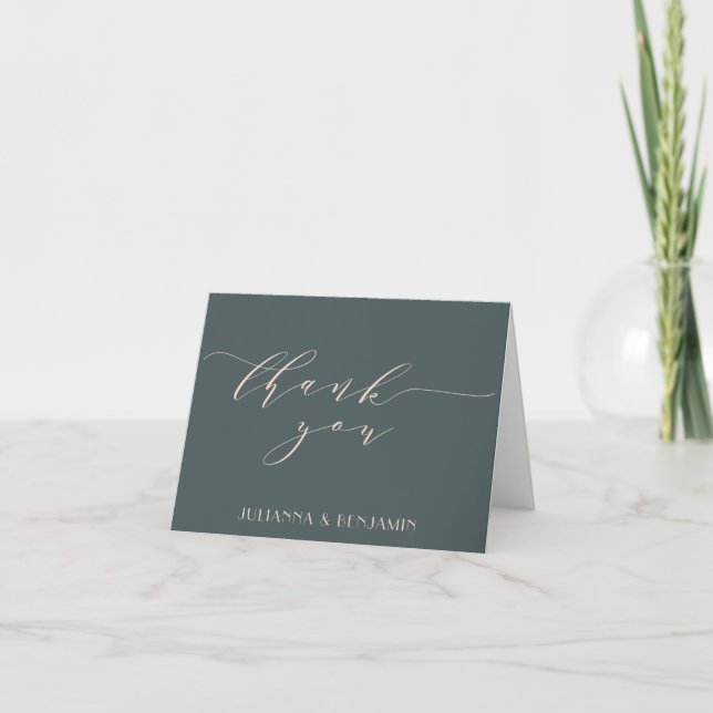 Teal Green Blush Script Thank You Wedding Couple Card (Front)