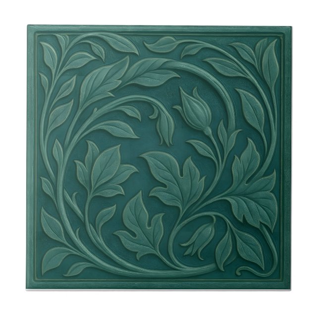 Teal Green Botanical Ceramic Tile (Front)
