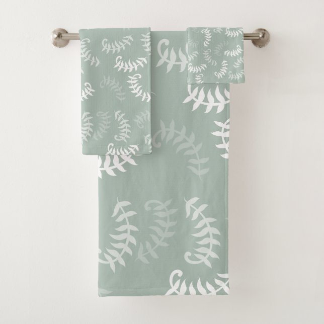 Teal Green Botanical Leaves Bath Towel Set (Insitu)