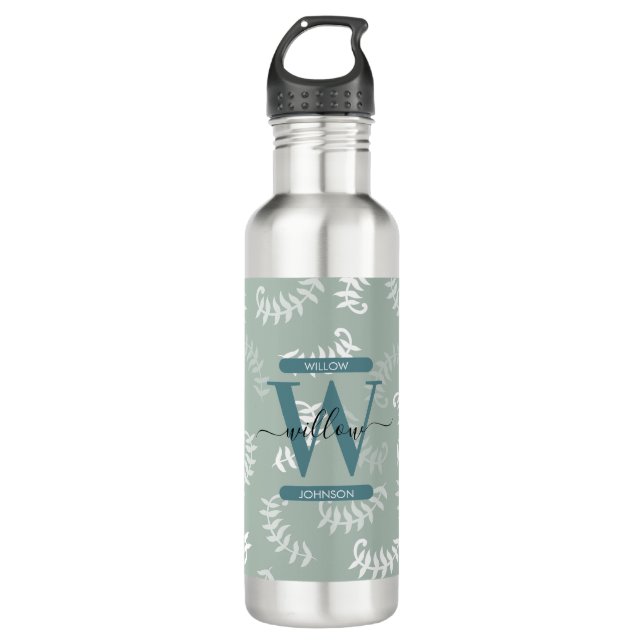 Teal Green Botanical Leaves Monogram  710 Ml Water Bottle (Front)