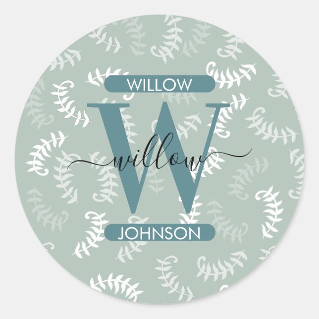 Teal Green Botanical Leaves Monogram  Classic Round Sticker (Front)