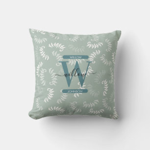 Teal Green Botanical Leaves Monogram Cushion