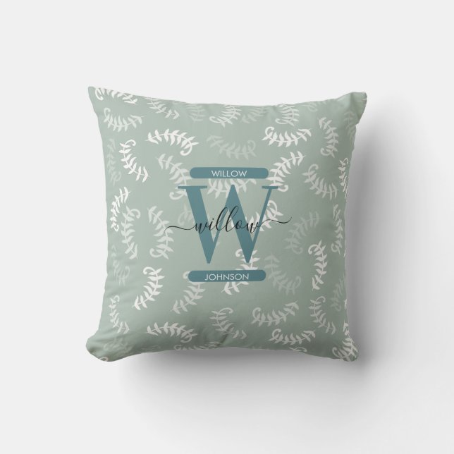 Teal Green Botanical Leaves Monogram  Cushion (Front)