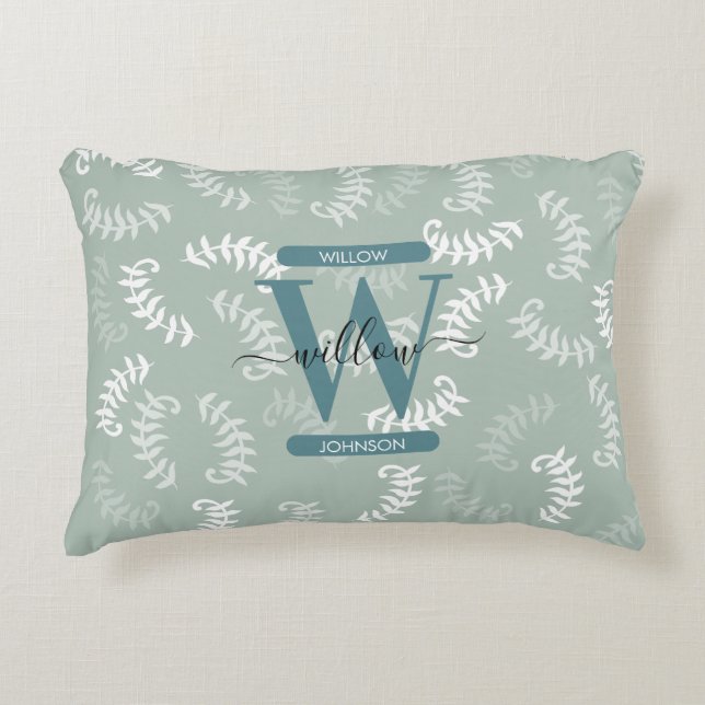Teal Green Botanical Leaves Monogram Decorative Cushion (Front)