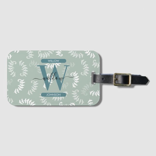 Teal Green Botanical Leaves Monogram Luggage Tag (Front Horizontal)