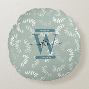 Teal Green Botanical Leaves Monogram  Round Cushion