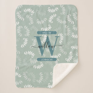 Teal Green Botanical Leaves Monogram  Sherpa Blanket