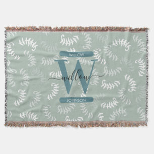Teal Green Botanical Leaves Monogram  Throw Blanket