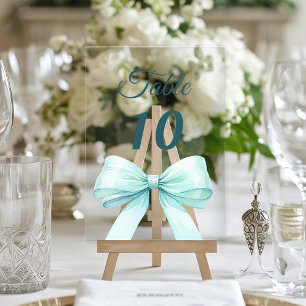 Teal green bow acrylic table number sign
