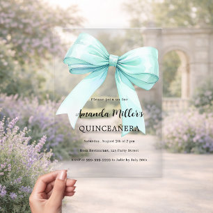 Teal green bow clear Quinceanera Acrylic Invitations