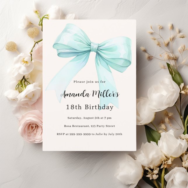 Teal green bow cream elegant birthday invitation (Creator Uploaded)