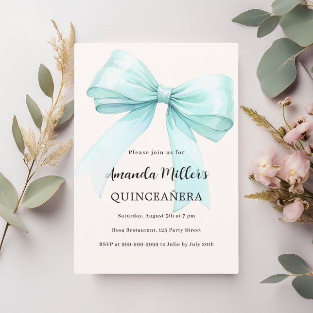 Teal green bow cream elegant Quinceanera Invitation (Creator Uploaded)