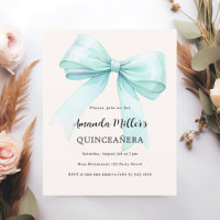 Teal green bow cream Quinceanera invitation