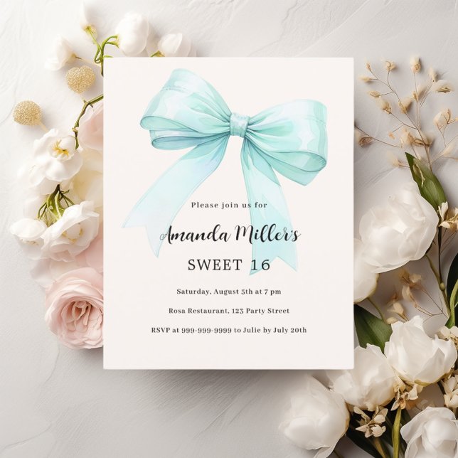 Teal green bow cream Sweet 16 invitation (Creator Uploaded)