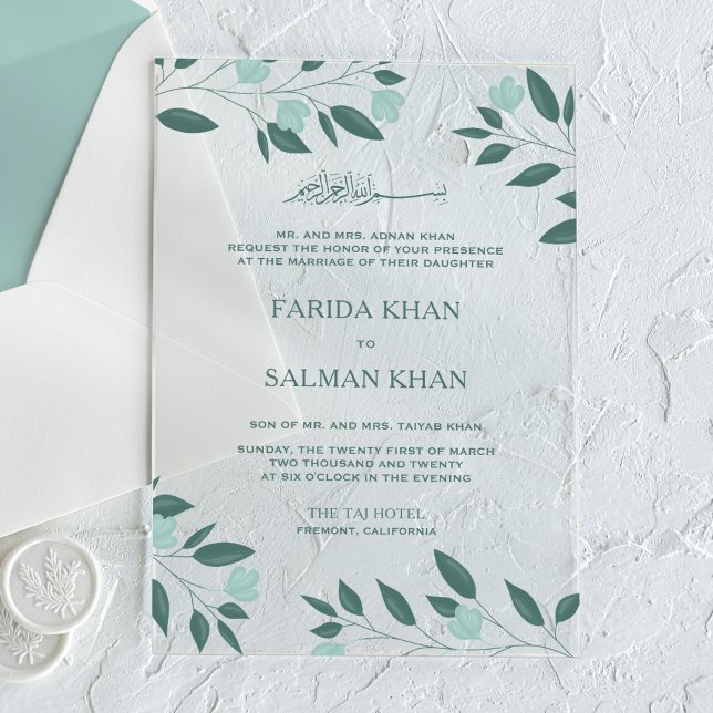 Teal Green Branch Islamic Muslim Wedding Acrylic Invitations (Creator Uploaded)