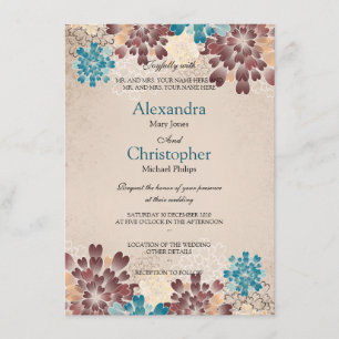 Teal Green, Brown & Ivory Flowers Retro Wedding S3 Invitation