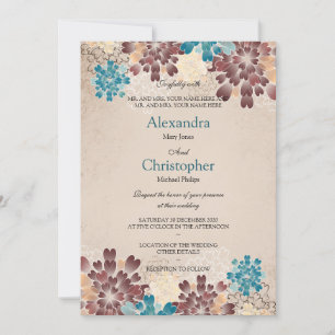 Teal Green, Brown & Ivory Flowers Retro Wedding S4 Invitation