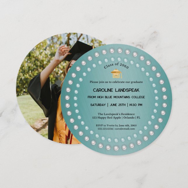 Teal Green Brushed Metal & Pearls Graduation Invitation (Front/Back)