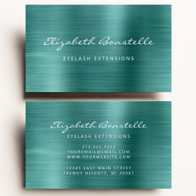 Teal Green Brushed Metal Script Lash Extension Business Card (Creator Uploaded)