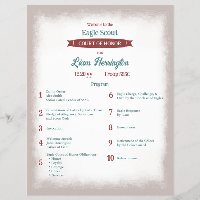 Teal Green, Burgundy Eagle Court of Honor Program Flyer (Front)