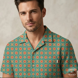 Teal Green Burnt Orange and Red Geometric Mosaic Fabric