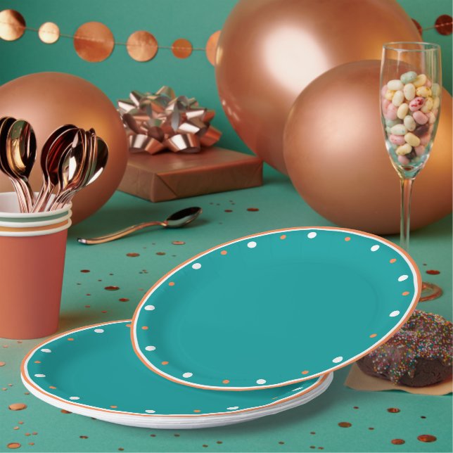 Teal Green Burnt Orange White Geometric Polka Dots Paper Plate (Multi)