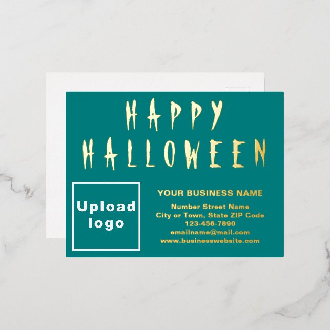 Teal Green Business Brand on Halloween Foil Holiday Postcard (Front/Back)