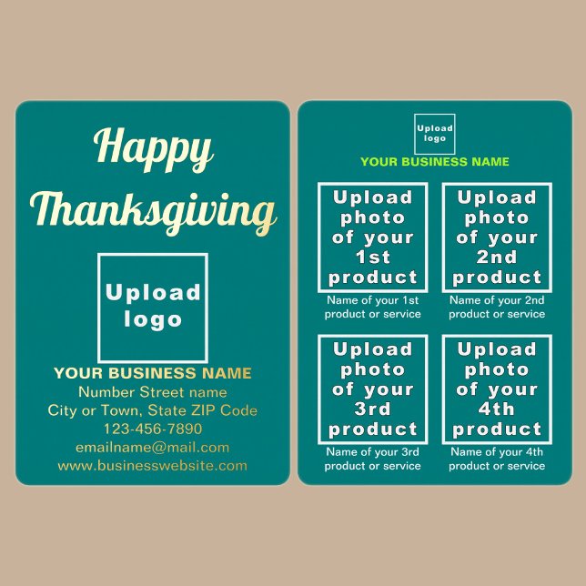 Teal Green Business Brand on Thanksgiving Foil Holiday Card (Teal green business brand with products or services on Thanksgiving foil holiday card.)