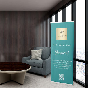 Teal green business logo opening hours QR code Retractable Banner