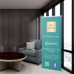 Teal green business logo opening hours QR Facebook Retractable Banner