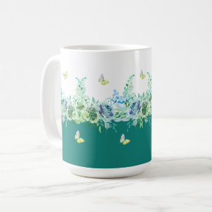 Teal Green Butterflies Floral Mug
