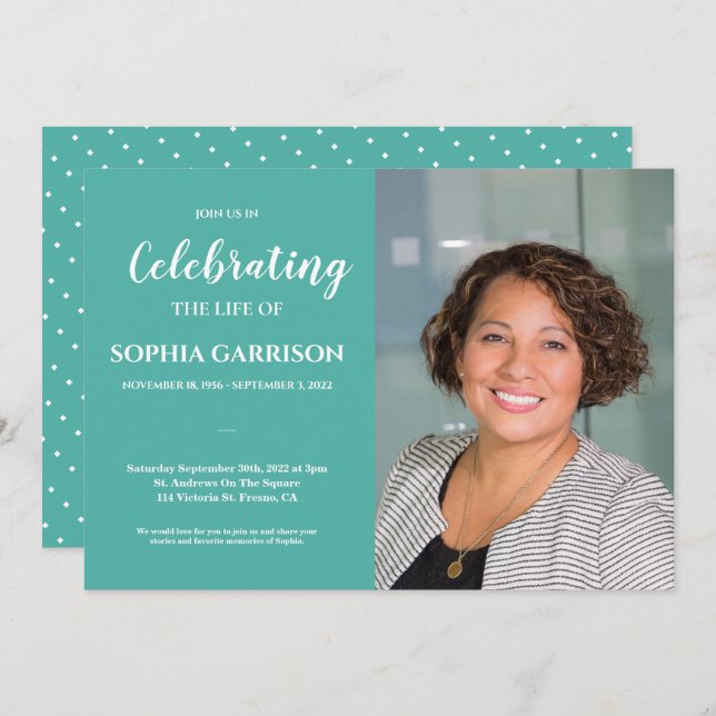 Teal Green Celebration of Life With Photo Funeral Invitation (Front/Back)