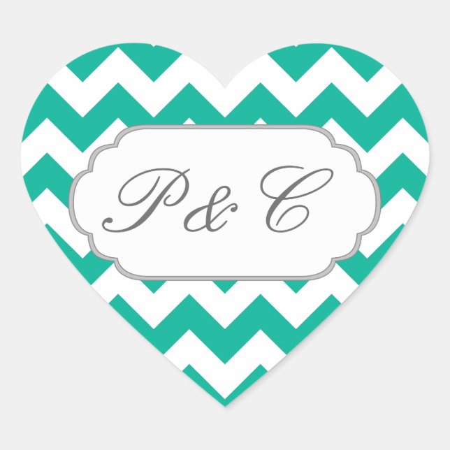 Teal Green Chevron - Custom Text and Monogram Heart Sticker (Front)